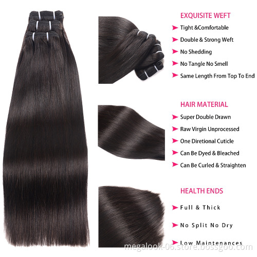 Super Double Drawn Hair Brazilian Raw Virgin Unprocessed Straight Human Hair Bundles with Closure 100% Hair Weave Megalook